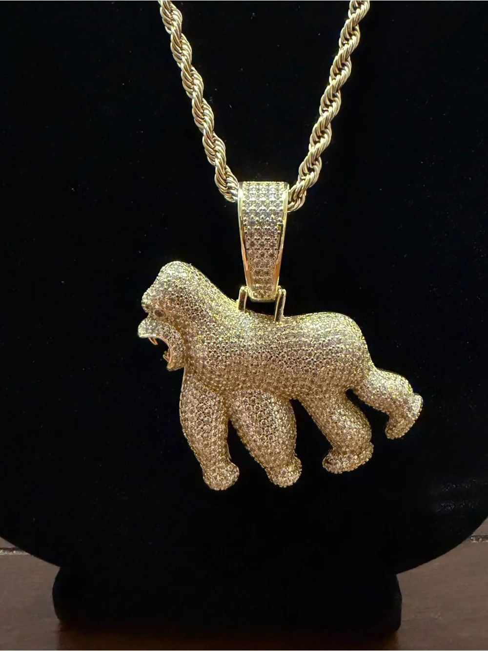 Gold Gorilla   Pendant Necklace - Sparkling Gold Tone